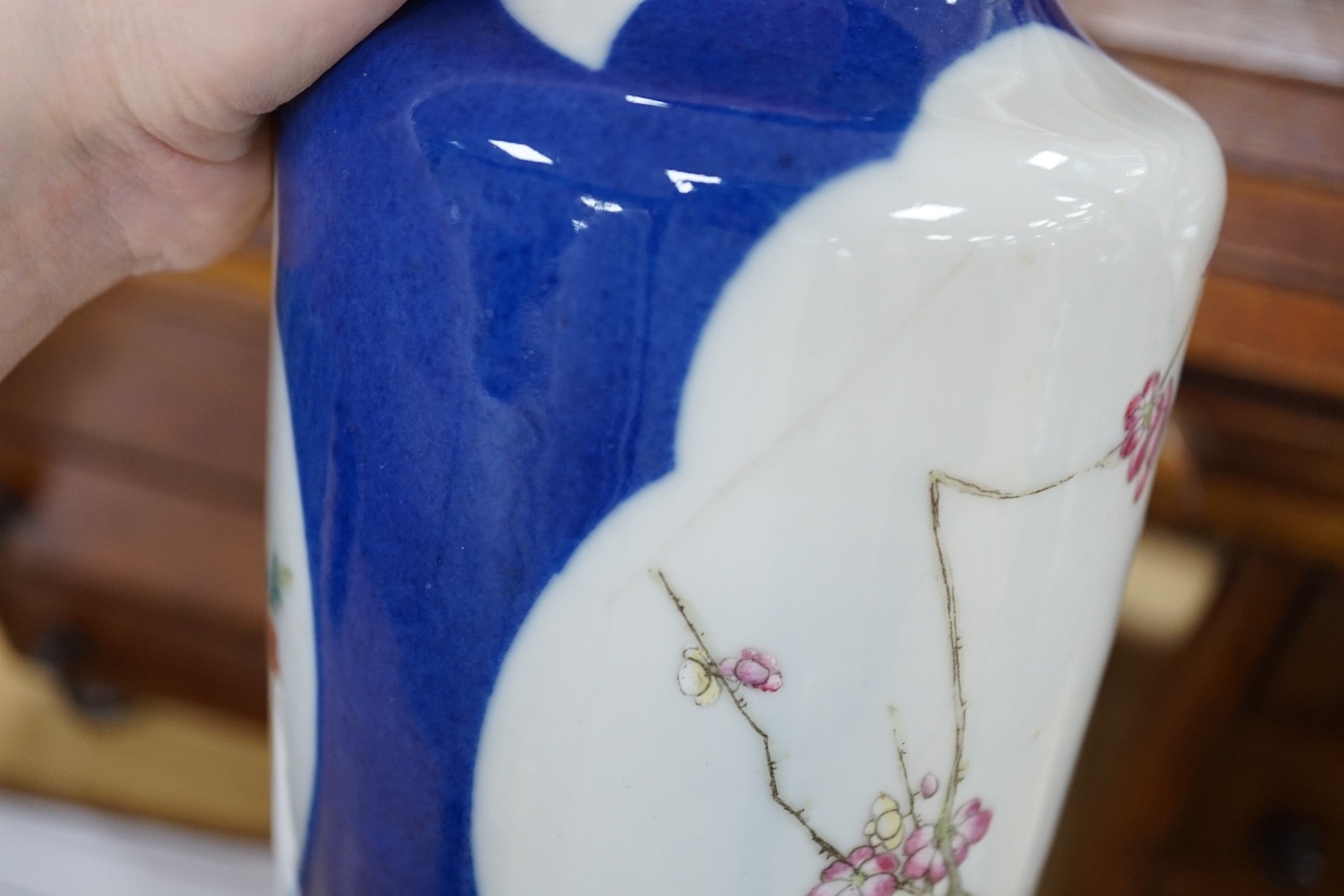 Two late 19th century Chinese porcelain vases, 31cm high, a/f